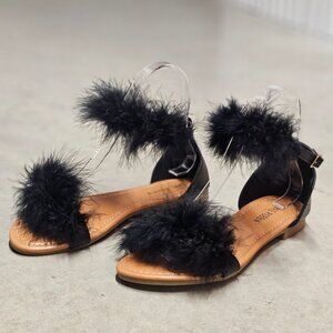 Faux Fur Black Ankle Strap Flat Sandals